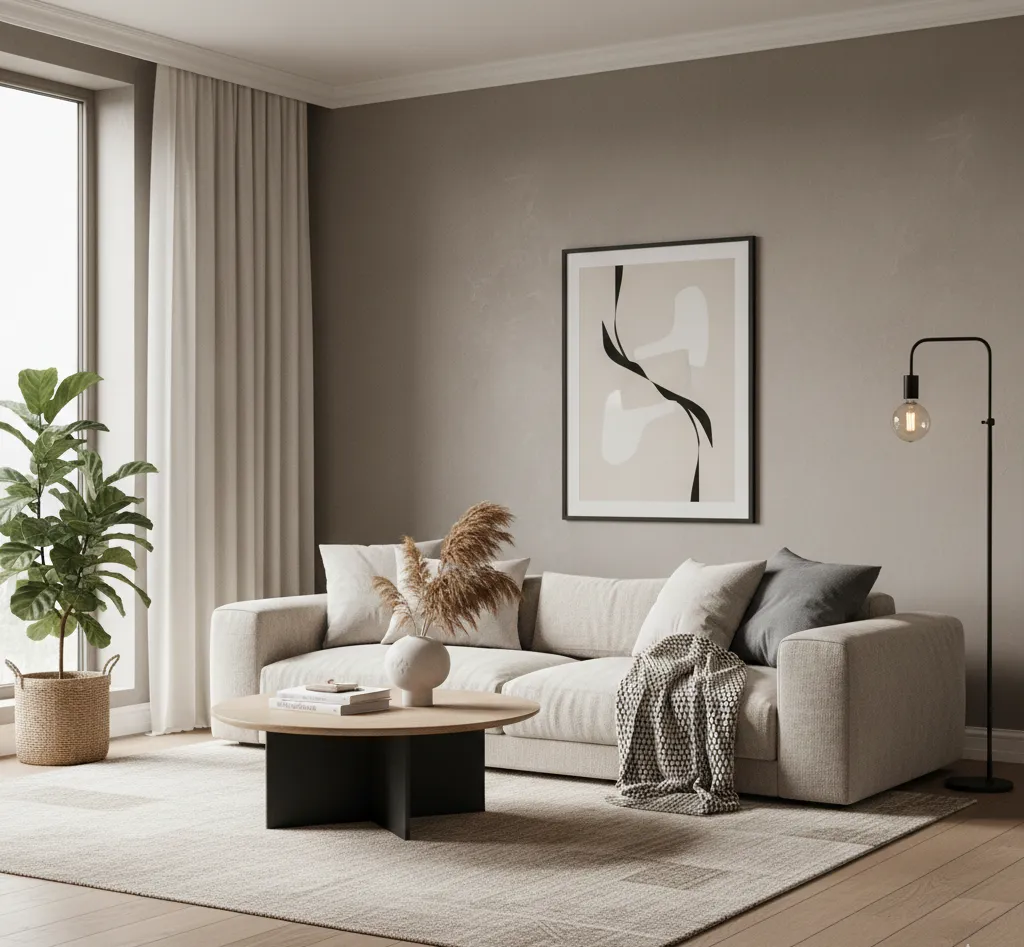 вітальня в кольорі &laquo;Теплий камінь&raquo; із трендовими меблями 2026 року