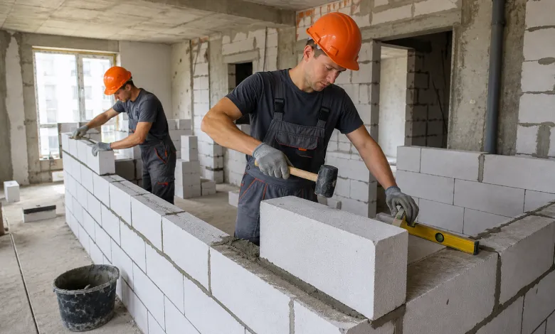 Двоє будівельників у помаранчевих касках укладають блоки з газобетону під час зведення стін у приміщенні
