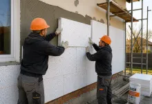 Двоє будівельників в оранжевих касках монтують плити пінопласту на фасад приватного будинку, поруч стоїть мішок клею для пінопласту та мінвати