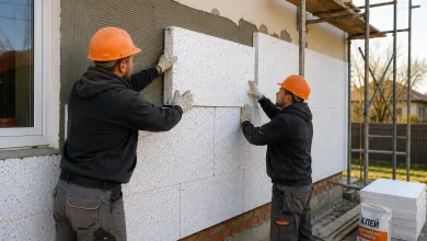 Двоє будівельників в оранжевих касках монтують плити пінопласту на фасад приватного будинку, поруч стоїть мішок клею для пінопласту та мінвати