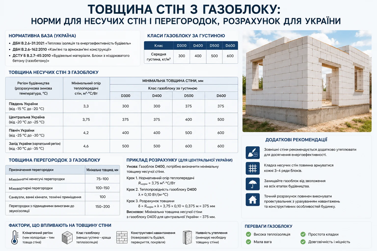 Інфографіка з таблицями товщини несучих стін і перегородок з газоблоку за регіонами України та класами густини D300–D600