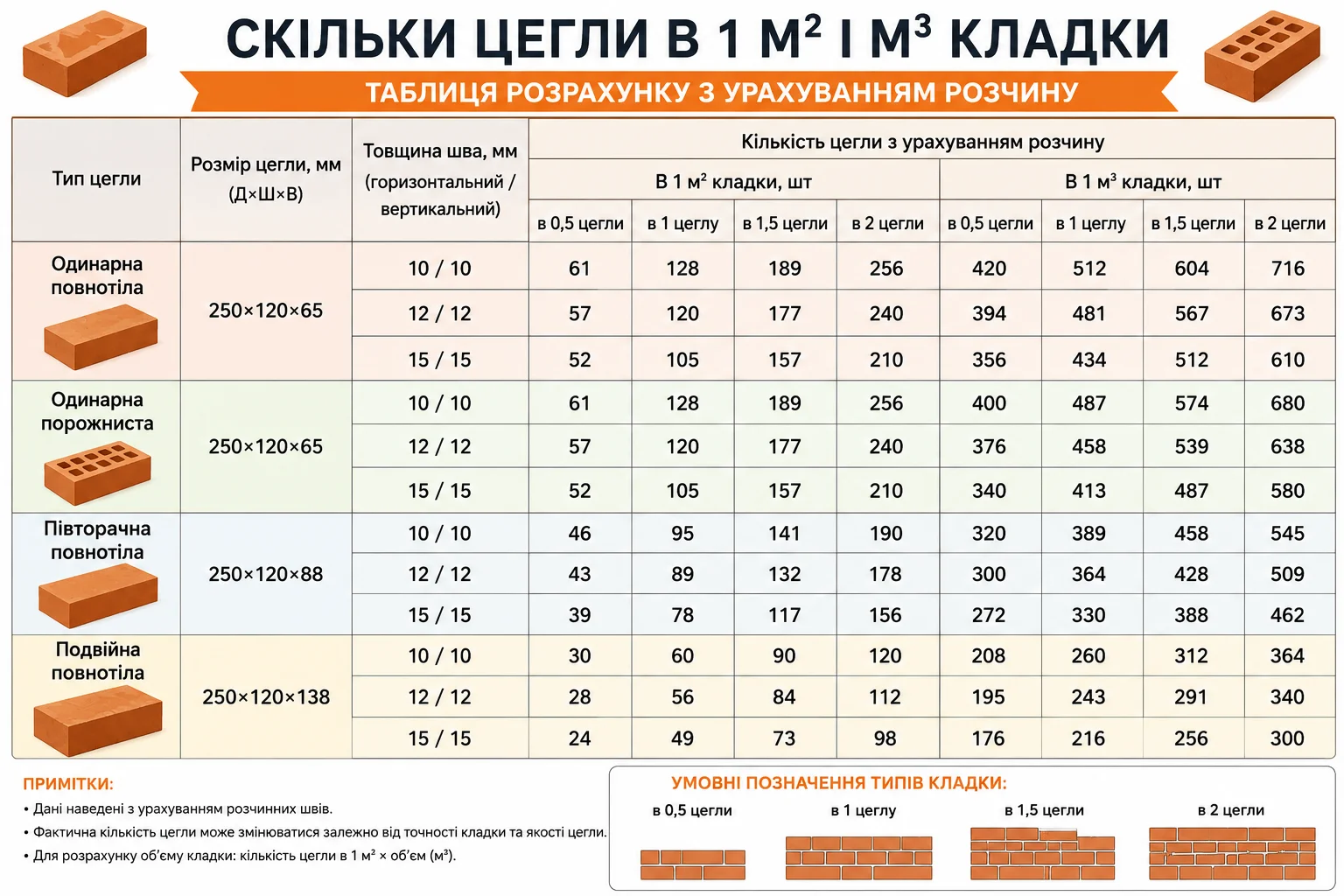 Детальна таблиця розрахунку кількості цегли на 1 м&sup2; та 1 м&sup3; кладки для чотирьох типів цегли з різною товщиною шва та варіантами кладки в 0,5&ndash;2 цеглини