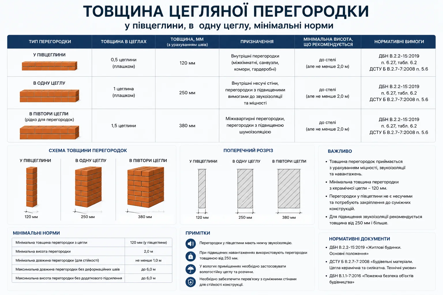 Інфографіка з таблицею та схемами товщини цегляних перегородок 120, 250 і 380 мм з нормативними вимогами ДБН