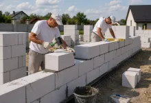 Будівельники зводять стіну приватного будинку з газобетонних блоків