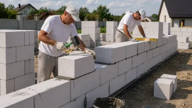 Будівельники зводять стіну приватного будинку з газобетонних блоків