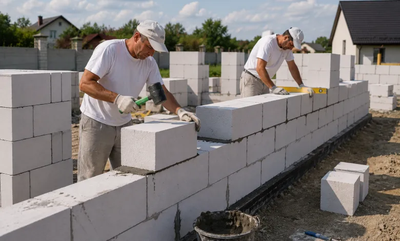 Будівельники зводять стіну приватного будинку з газобетонних блоків