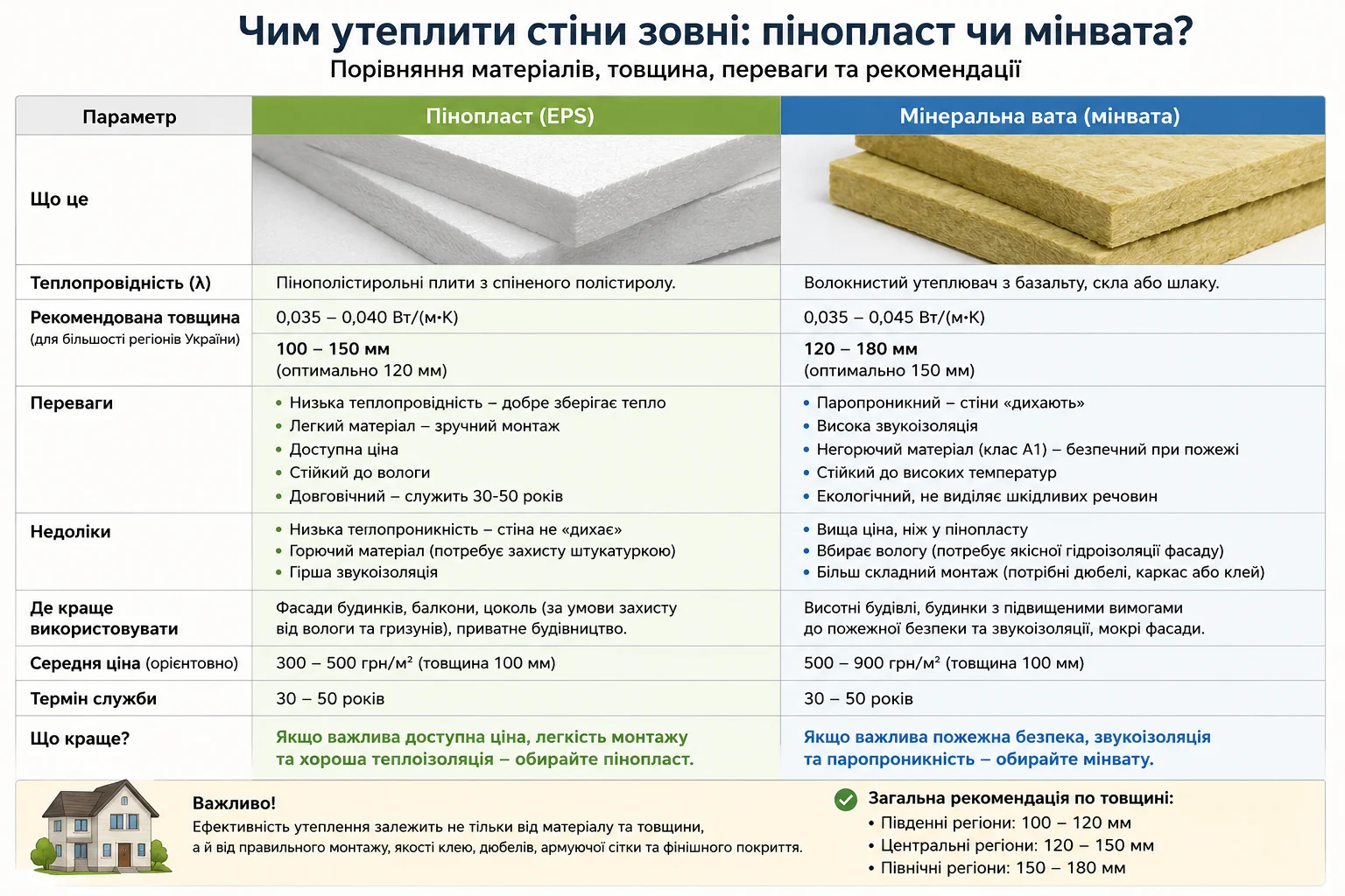 Порівняння пінопласту та мінеральної вати для утеплення стін зовні