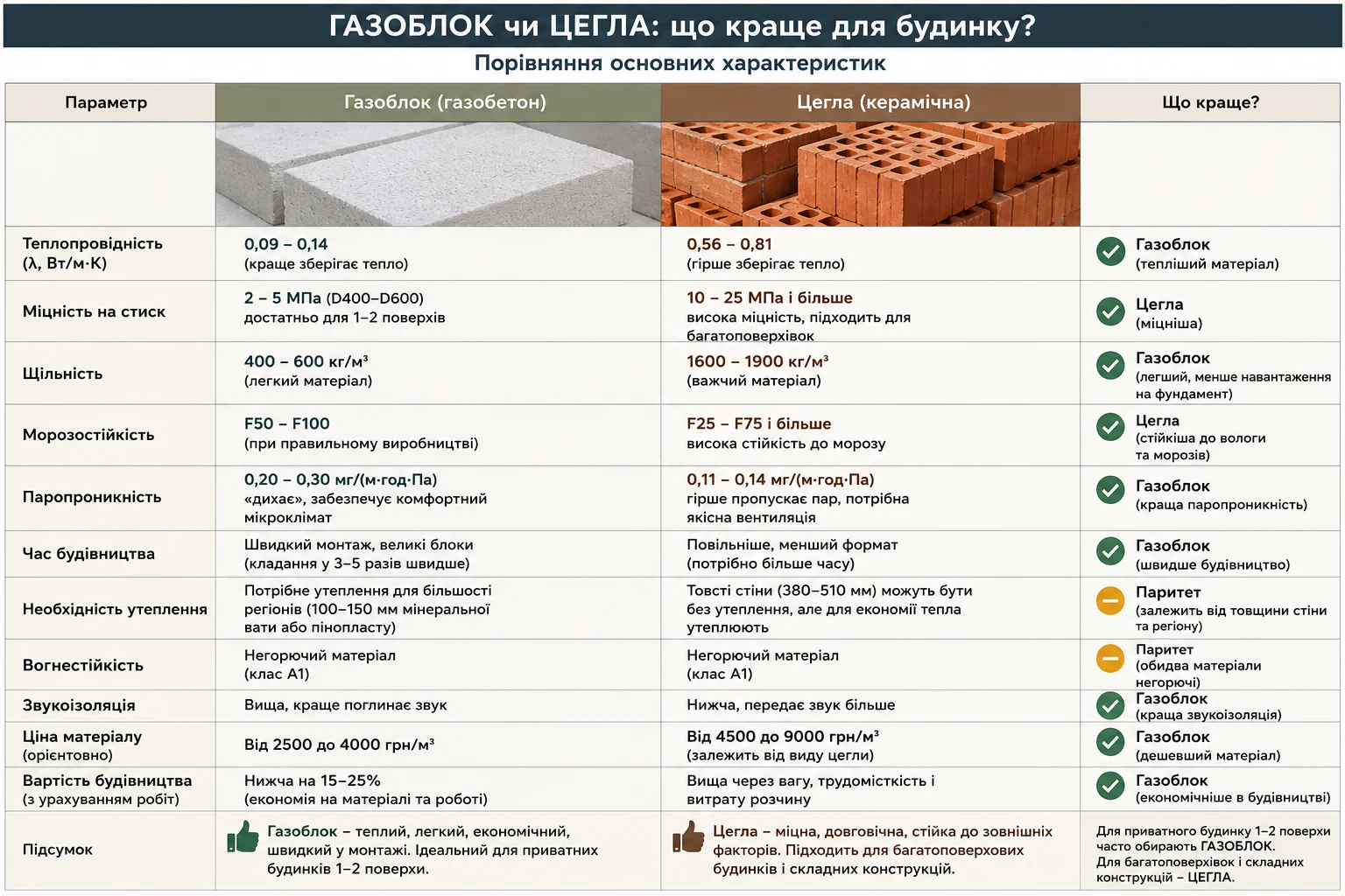 Порівняння характеристик газоблоку та цегли для будівництва будинку