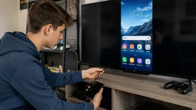 Хлопець підключає смартфон до телевізора за допомогою кабелю