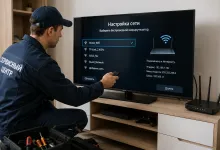 Майстер сервісного центру налаштовує мережу Wi-Fi на телевізорі