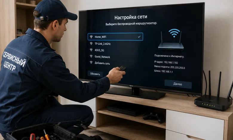 Майстер сервісного центру налаштовує мережу Wi-Fi на телевізорі