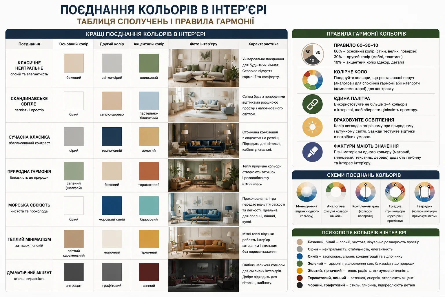Інфографіка з правилами гармонійного поєднання кольорів в інтер'єрі та прикладами палітр