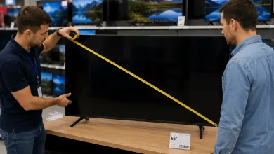 Продавець-консультант вимірює рулеткою діагональ телевізора для покупця