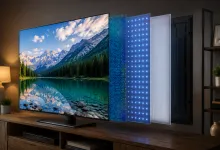 Зображення демонструє конструкцію сучасного телевізора QLED із шарами підсвічування, квантових точок та дисплея. Ілюстрація принципу роботи технології QLED для покращення якості зображення.