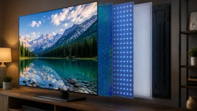 Зображення демонструє конструкцію сучасного телевізора QLED із шарами підсвічування, квантових точок та дисплея. Ілюстрація принципу роботи технології QLED для покращення якості зображення.