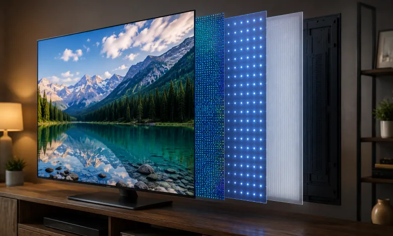 Зображення демонструє конструкцію сучасного телевізора QLED із шарами підсвічування, квантових точок та дисплея. Ілюстрація принципу роботи технології QLED для покращення якості зображення.