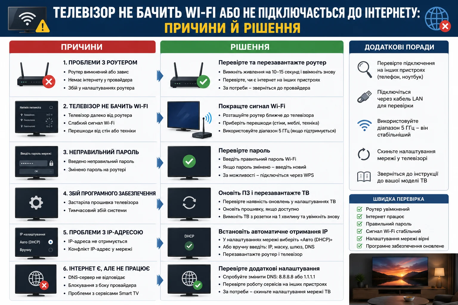 Інфографіка з основними причинами, через які Smart TV не підключається до Wi-Fi, а також способами усунення несправностей. Поради щодо роутера, налаштувань мережі, програмного забезпечення та перевірки підключення.