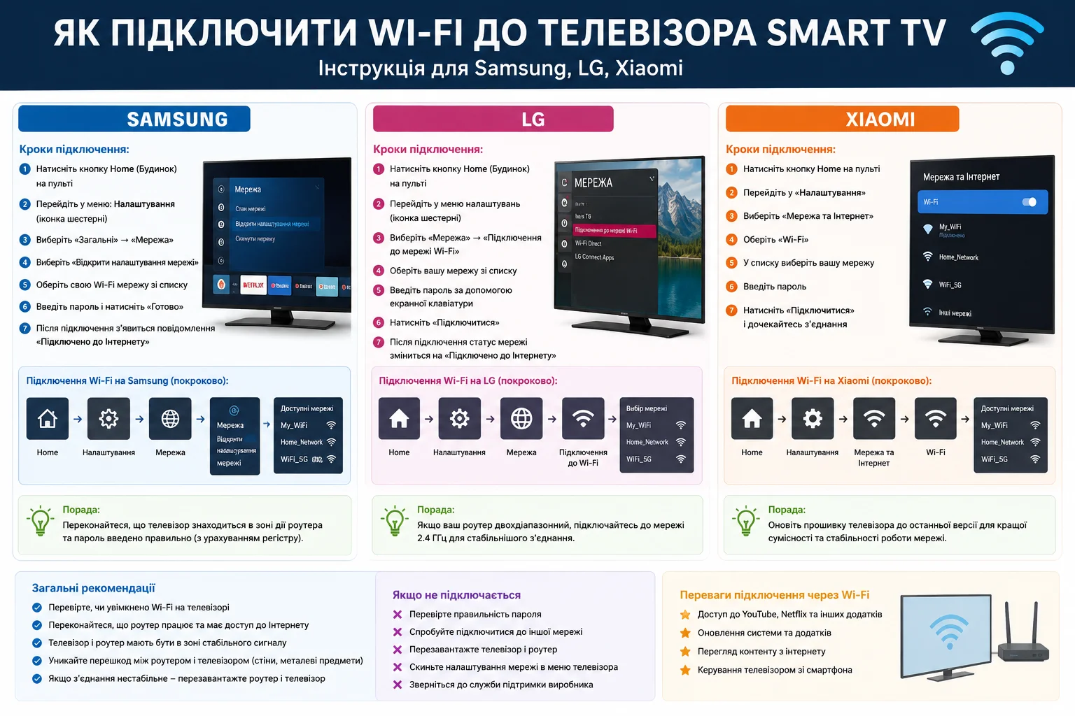 Інфографіка з інструкцією підключення Wi-Fi до телевізора Samsung, LG та Xiaomi