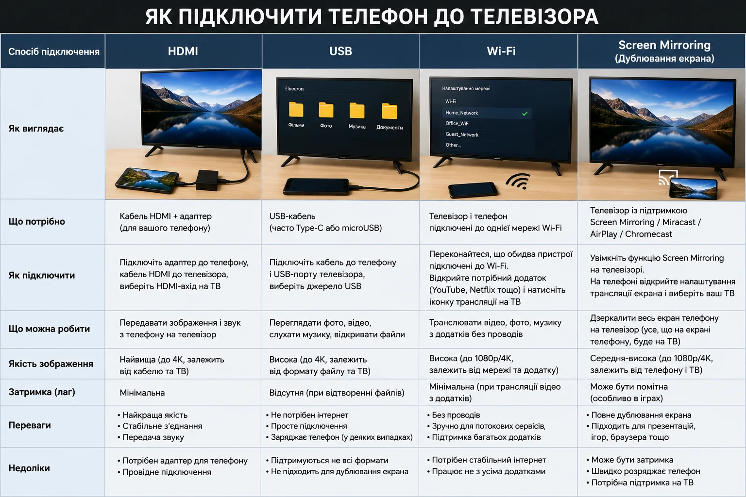 Порівняльна таблиця способів підключення телефону до телевізора: HDMI, USB, Wi-Fi, Screen Mirroring