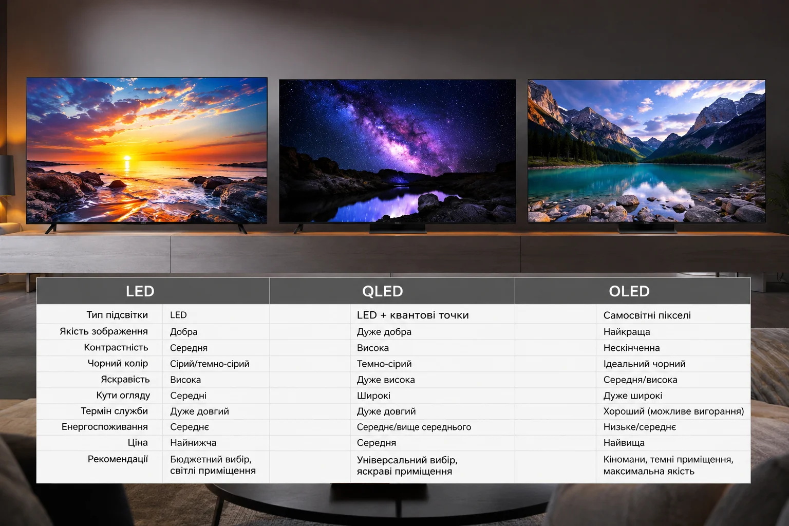 Інфографіка з порівнянням телевізорів LED, QLED та OLED. Основні відмінності технологій, якість зображення, контрастність, яскравість, енергоспоживання, термін служби та рекомендації щодо вибору телевізора.