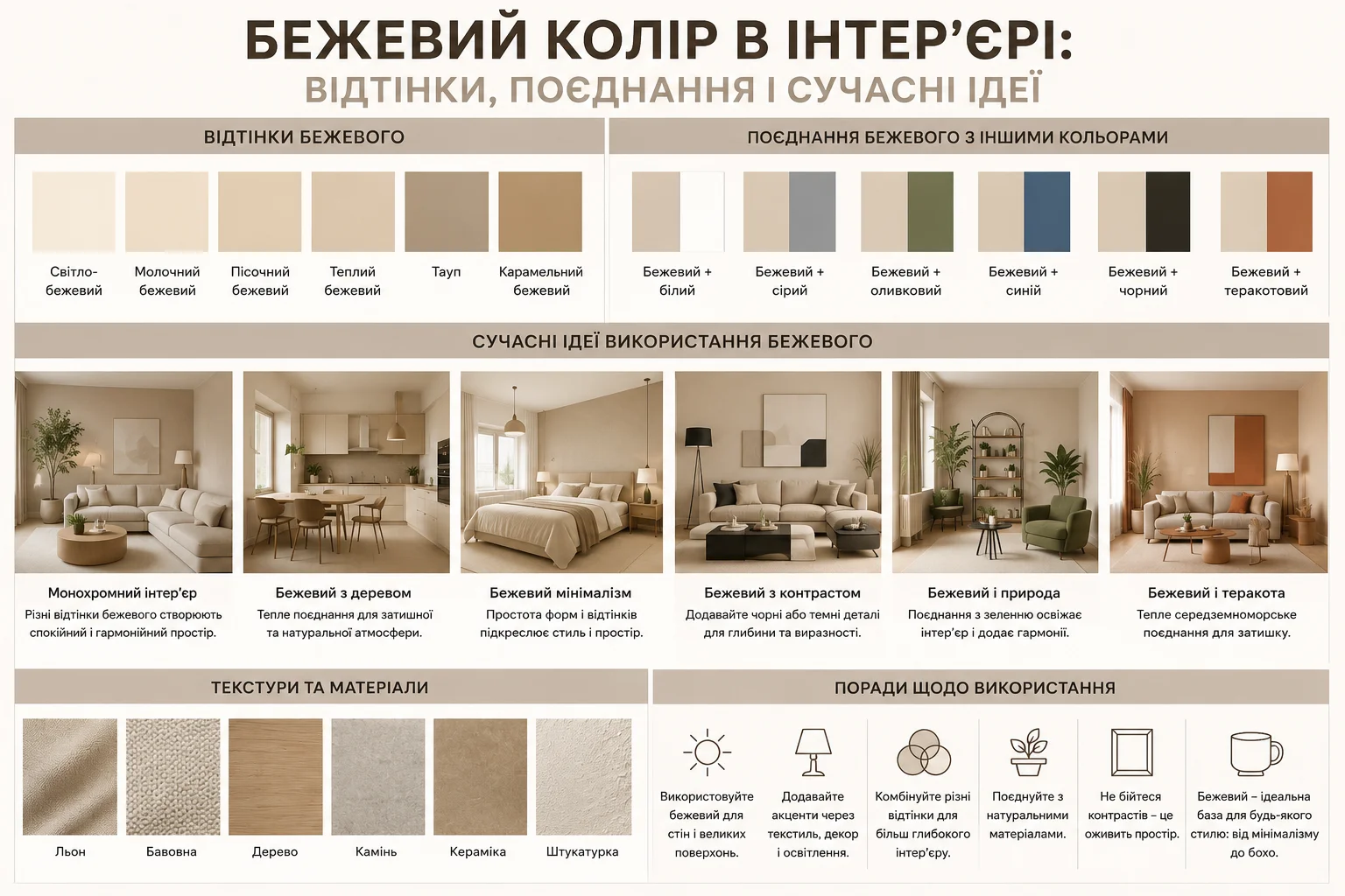 Інфографіка з відтінками бежевого кольору, поєднаннями та прикладами використання в інтер'єрі