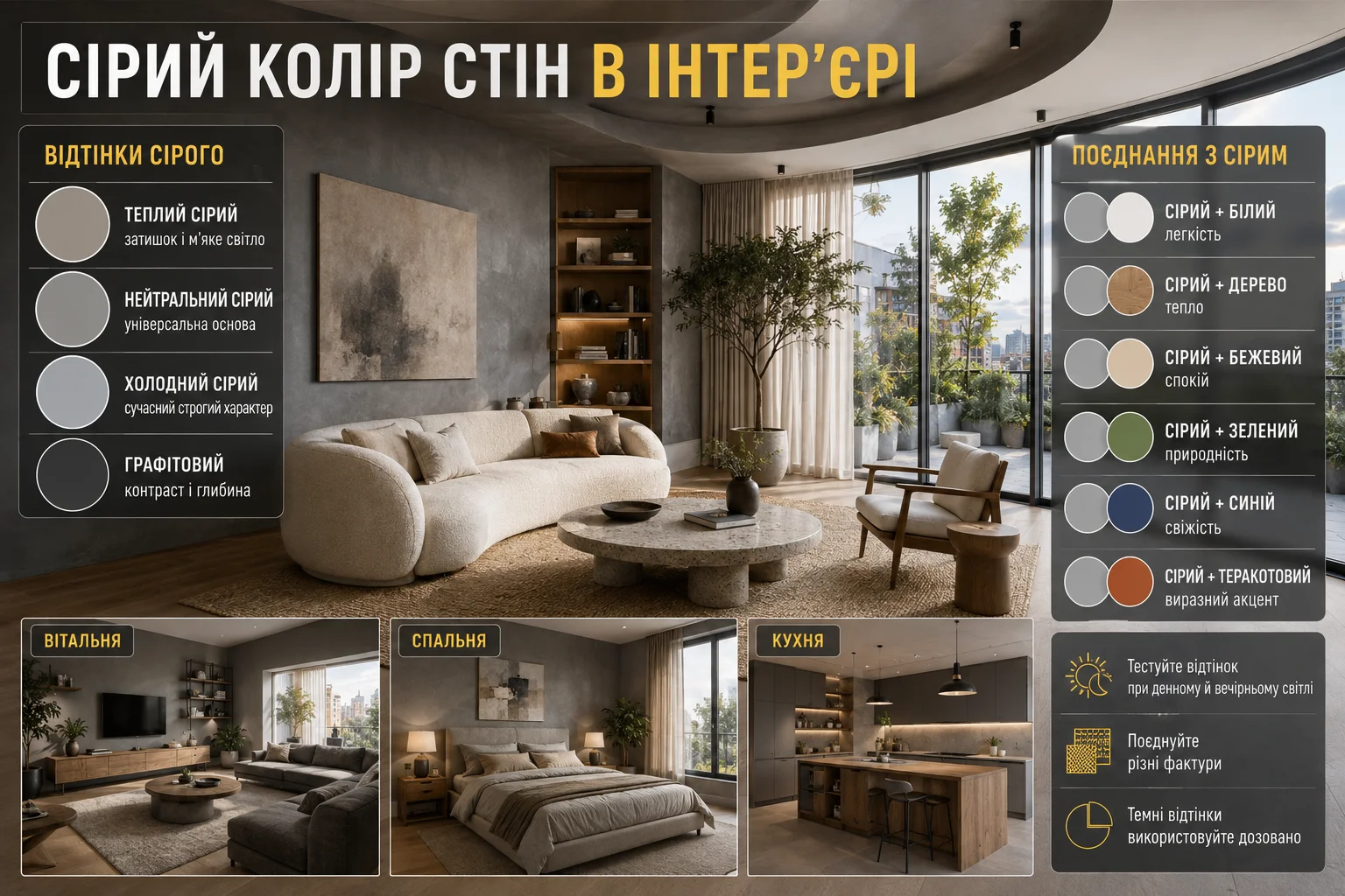 Інфографіка про відтінки сірого кольору стін та вдалі поєднання сірого з іншими кольорами в інтер’єрі