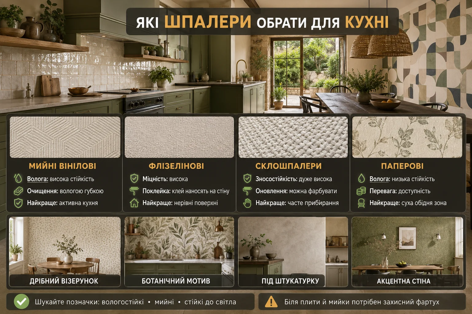 Інфографіка з порівнянням вінілових, флізелінових, склошпалер і паперових шпалер для кухні