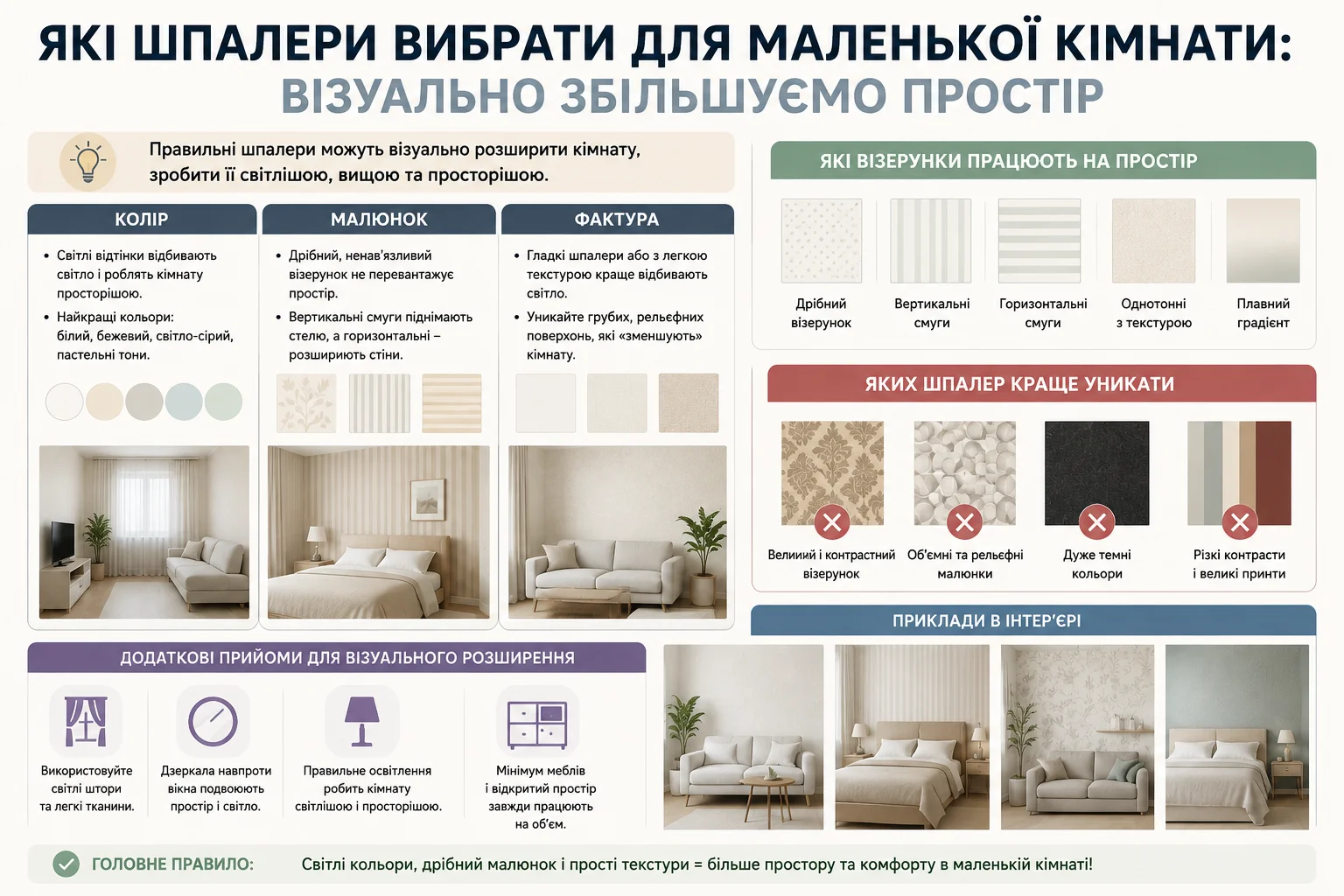 Інфографіка про вибір кольору, малюнка та фактури шпалер для візуального збільшення маленької кімнати
